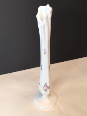 Vintage Westmoreland Swung Vase Hand Painted Pink & Purple Floral Milk Glass